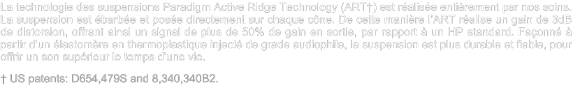 La technologie des suspensions Paradigm Active Ridge Technology (ART†) est réalisée entièrement par nos soins. La suspension est ébarbée et posée directement sur chaque cône. De cette manière l’ART réalise un gain de 3dB de distorsion, offrant ainsi un signal de plus de 50% de gain en sortie, par rapport à un HP standard. Façonné à partir d’un élastomère en thermoplastique injecté de grade audiophile, la suspension est plus durable et fiable, pour offrir un son supérieur le temps d’une vie. † US patents: D654,479S and 8,340,340B2.